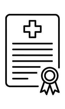 Minimalist black line art icon of a medical certificate with a cross symbol and circular seal isolated on a white background, professional healthcare concept