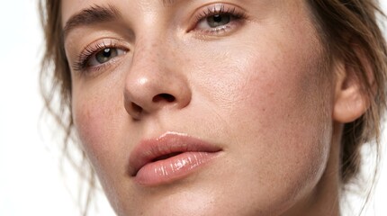 Fototapeta premium close up portrait of a young caucasian woman with natural skin texture looking down thoughtfully