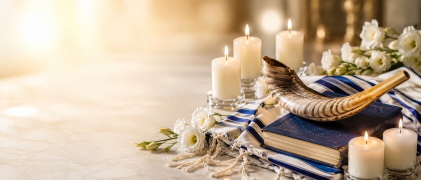 Jewish prayer book with candles and shofar against a bright background for high holy banner format