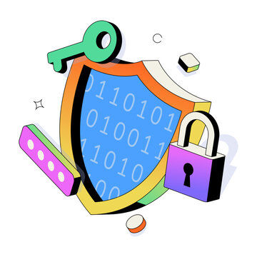 Shield with binary code secured using encryption technology.
