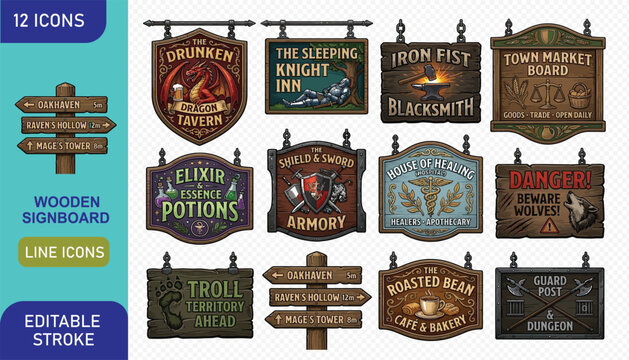 Fantasy RPG wooden signboard icons set featuring taverns, armories and warning markers.