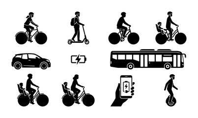 Urban Mobility Icons: Electric Bikes, Scooters, Cars, Bus, Phone Charging, Unicycle © Sajib