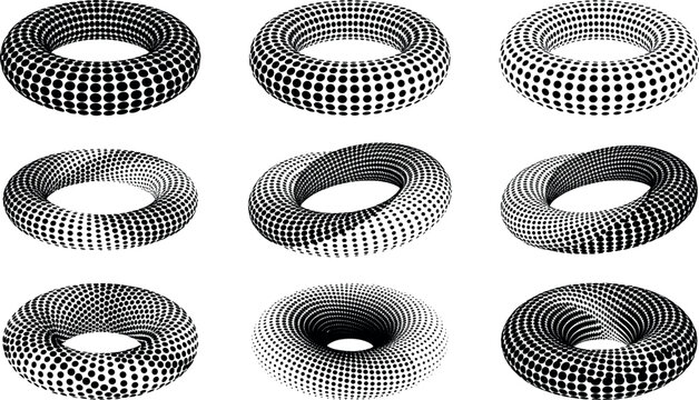 Abstract Three Dimensional Torus Ring Halftone Icon Set with Geometric Dot Gradients and Twisted Mobius Loop Shapes for Modern Graphic T-Shirt Prints
