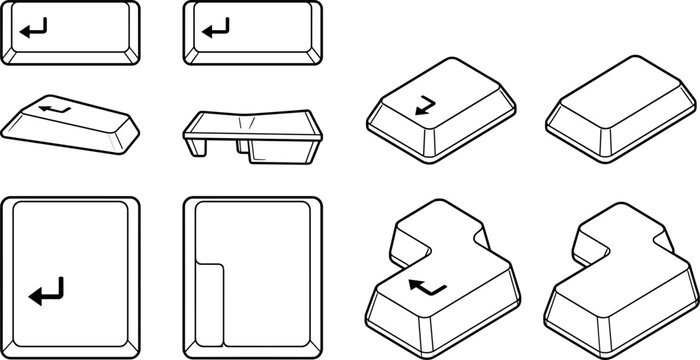 Computer Keyboard Enter Keycap Icon Set with Isometric Three Dimensional Views and Linear Key Profiles for Tech Blogs and Web Development UI Designs