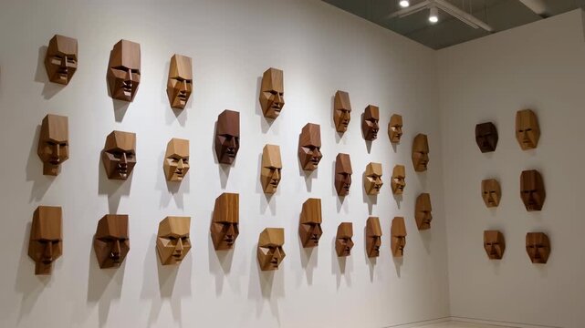Corner gallery wall installation of wooden faceted masks arranged in ordered grid with directional spotlight casting strong shadows across neutral interior surfaces