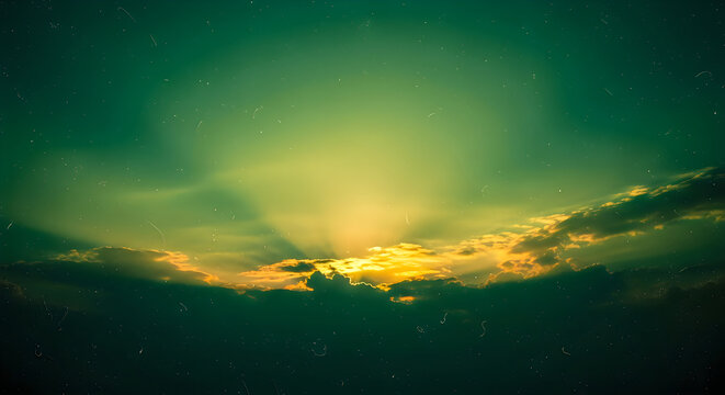 Dramatic emerald sky with golden sunburst a celestial landscape for digital backdrops and artistic projects