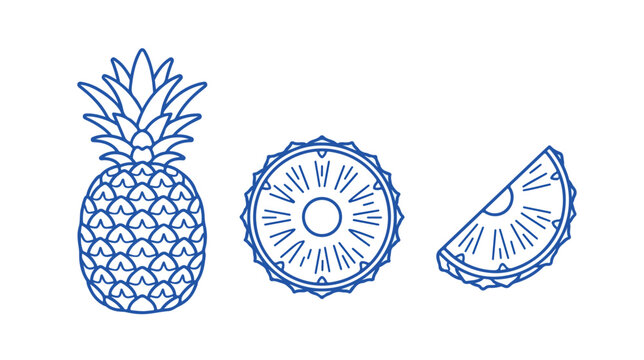 Minimalist blue pineapple line art icons, tropical fruit vector set with whole pineapple, round slice and wedge, clean food illustration for branding