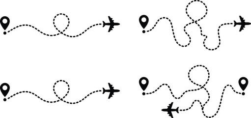 Black airplane flight path icons with map pins © SHOFIQUL
