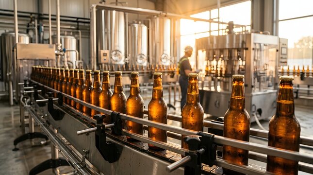 Golden beer bottles moving along a production line in a modern automated brewery factory