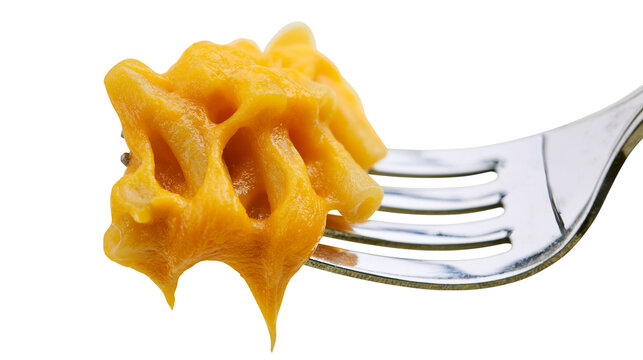 Melted orange cheese strands dripping from a metal fork, isolated on transparent background