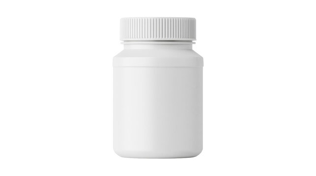 White plastic pill bottle with ribbed cap, isolated on transparent background