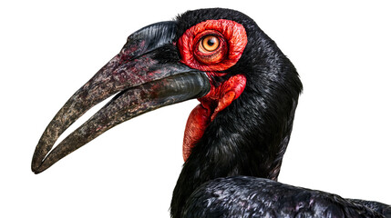 Southern ground hornbill with large black beak and red facial skin, isolated on transparent background © Nicolae