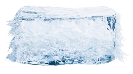 Large rectangular ice block with sharp icicles and frozen water droplets, isolated on transparent background © Nicolae