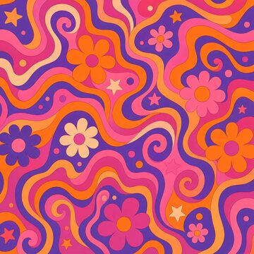 Retro psychedelic floral pattern, groovy 70s abstract background with wavy lines, vibrant pink and orange flower power aesthetic for textile design