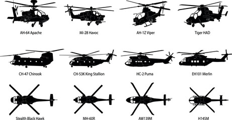 Military Helicopter and Defense Chopper Silhouette Icon Set with Attack Gunships and Cargo Transport Aircraft for Aviation Infographics and War Game Designs © Donal! 