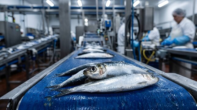 Industrial fish processing facility with fresh catch on a blue automated conveyor belt