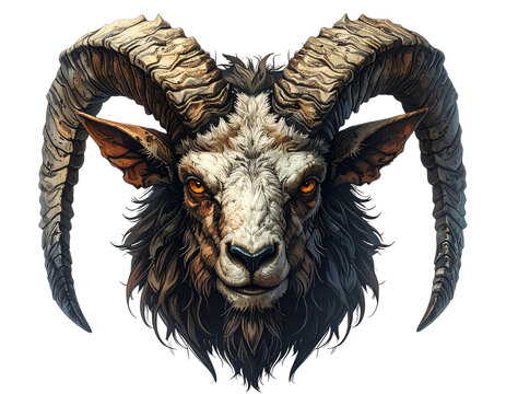 Goat head with horns and horns on it back with black background.