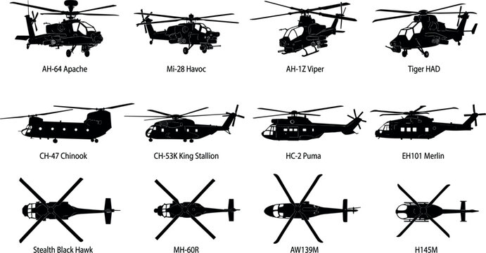 Military Helicopter and Defense Chopper Silhouette Icon Set with Attack Gunships and Cargo Transport Aircraft for Aviation Infographics and War Game Designs