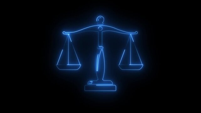 Glowing Neon Scales of Justice Icon Animation on Black Background, Law and Legal Concept