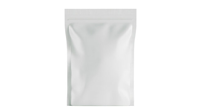 Blank white resealable pouch with zipper closure, isolated on transparent background