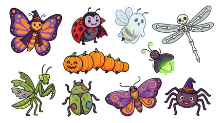 Obraz premium Spooky Halloween Cartoon Bugs Set with Spider, Fly, Beetle and Web Elements