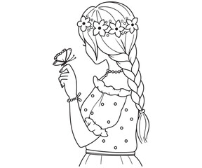 Beautiful Girl with Flower Crown Holding Butterfly Line Art – Braided Hairstyle Coloring Page © ArtLabBD