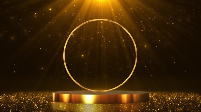 Golden podium with a circular frame on a dark background with sparkling particles and light rays, perfect for luxury product display and presentation