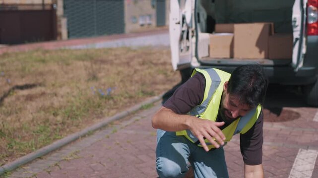 Delivery driver tripping and falling while carrying packages