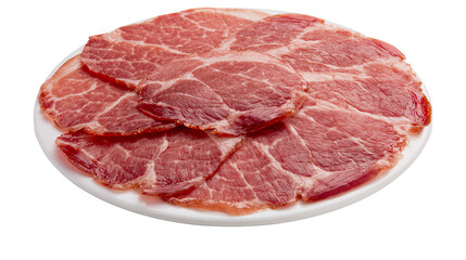 Fototapeta premium Thinly sliced cured pork neck meat arranged on a white plate, isolated on transparent background