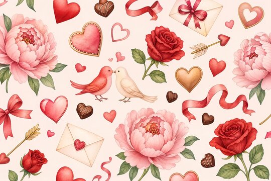 Vintage watercolor Valentine pattern with pink peonies and red roses, romantic floral background with love birds and hearts, elegant wedding stationery texture