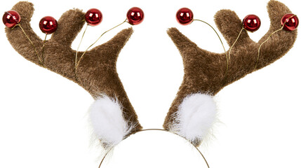 Fuzzy brown reindeer antlers with red baubles, isolated on transparent background © Nicolae