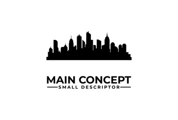Fototapeta premium Black silhouette of a modern city skyline with tall buildings and text 'MAIN CONCEPT SMALL DESCRIPTOR' below, on a white background.