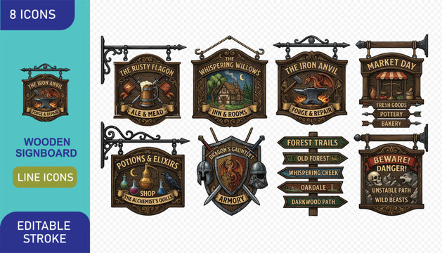 Set of 8 fantasy wooden signboard icons for medieval RPG games and adventure map design elements.