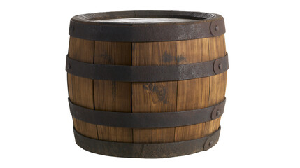 Fototapeta premium Rustic wooden barrel with dark metal bands, isolated on transparent background