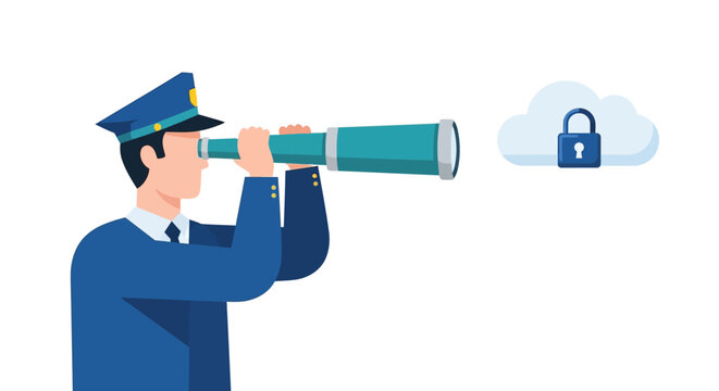 Cyber Security Officer Monitoring Data Cloud with Telescope Flat Vector Illustration