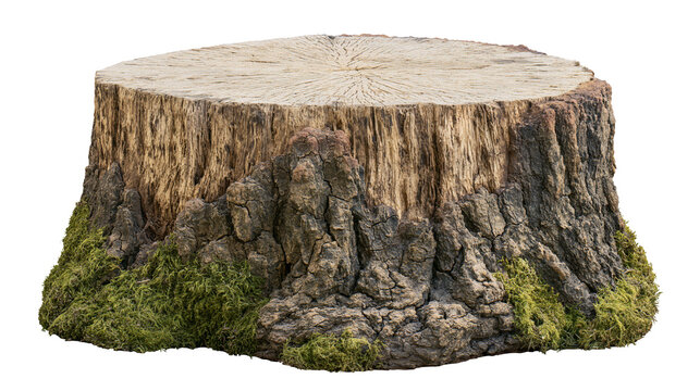 Rough bark tree stump with mossy base, isolated on transparent background