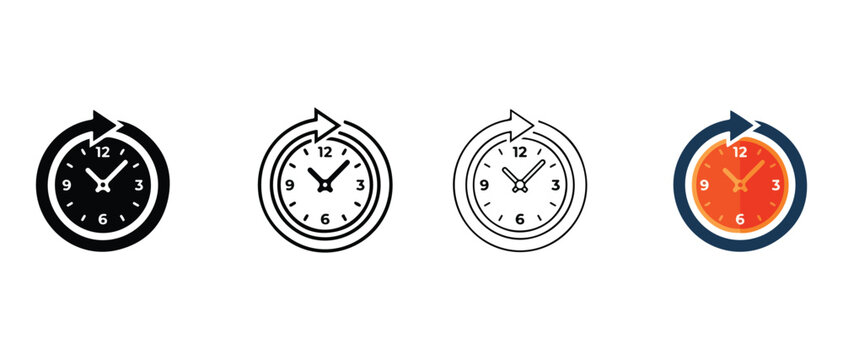 Clock icons with circular arrows on white background  time cycle concept  clock faces with clockwise and counterclockwise motion