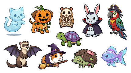 Obraz premium Halloween Fantasy Pet Character Set with Magical Animals and Spooky Companions