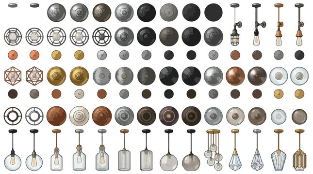 Industrial pendant lighting collection, vintage ceiling lamp vector set, metallic and glass light fixtures for interior design and architectural visualization