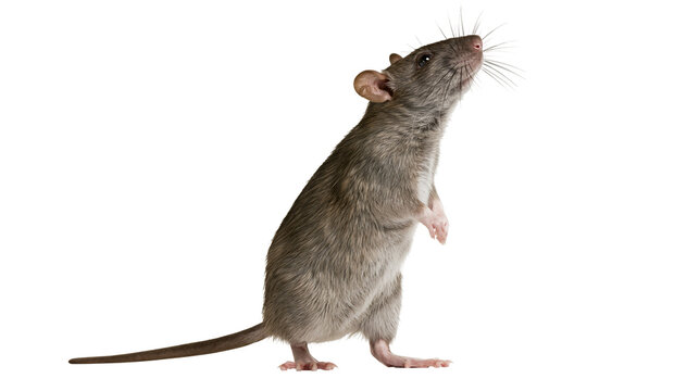 Brown rat standing on hind legs looking up curiously, isolated on transparent background