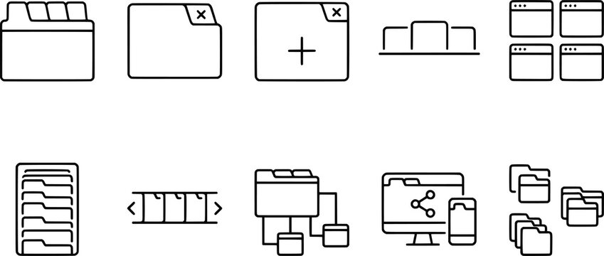 File management and browser tab icons set, folder organization, add tab, close tab, grid windows, synchronization, search, hierarchy