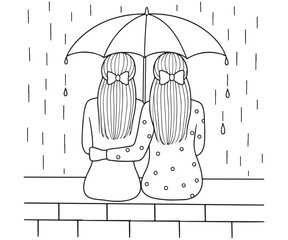 Two Girls with Umbrella in the Rain Line Art – Best Friends Back View Coloring Page