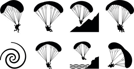 Paragliding and skydiving silhouettes set of paraglider pilots flying extreme sports vector icons © ROUNOK