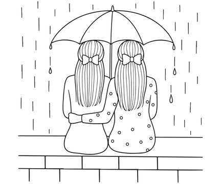 Two Girls with Umbrella in the Rain Line Art &ndash; Best Friends Back View Coloring Page