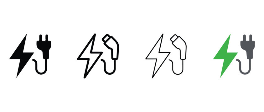 Electricity symbols with plugs and lightning bolts in various colors and styles for technology and energy concepts
