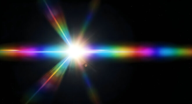 Vibrant lens flare with a full spectrum rainbow effect against a dark starry night sky backdrop