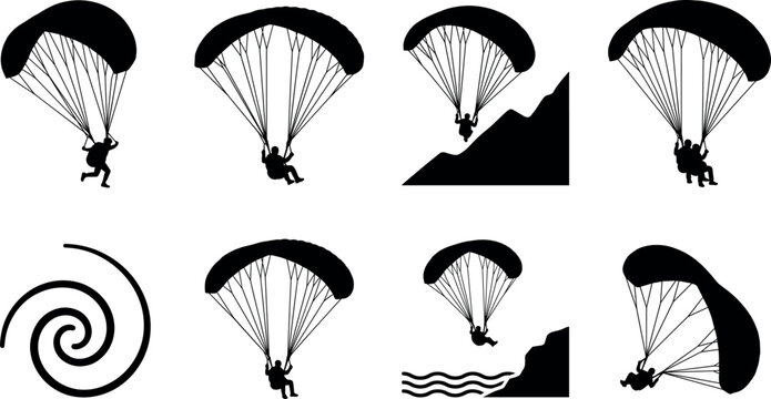 Paragliding and skydiving silhouettes set of paraglider pilots flying extreme sports vector icons