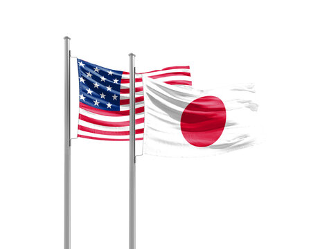 Japan and America friendship flags are waving on white background. Both flags are with Cutout Path. Japan USA national flag for commitment.