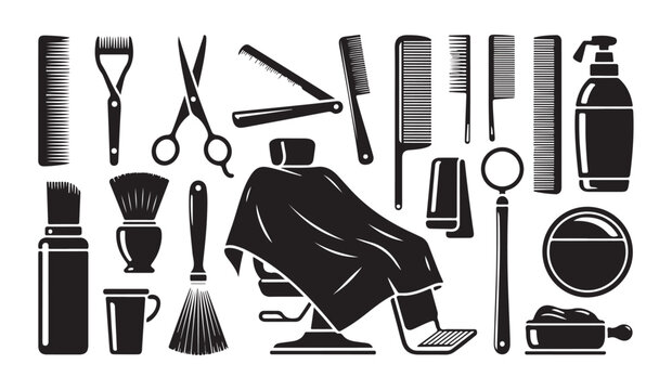 Professional barber shop tools set featuring chair salon cape brushes and grooming gear.