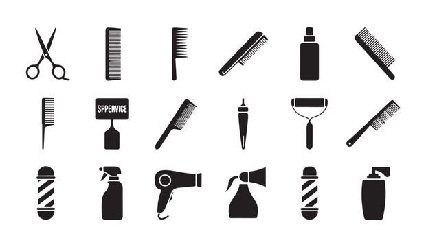Barber salon set with haircutting scissors combs sprays and professional styling tools set.